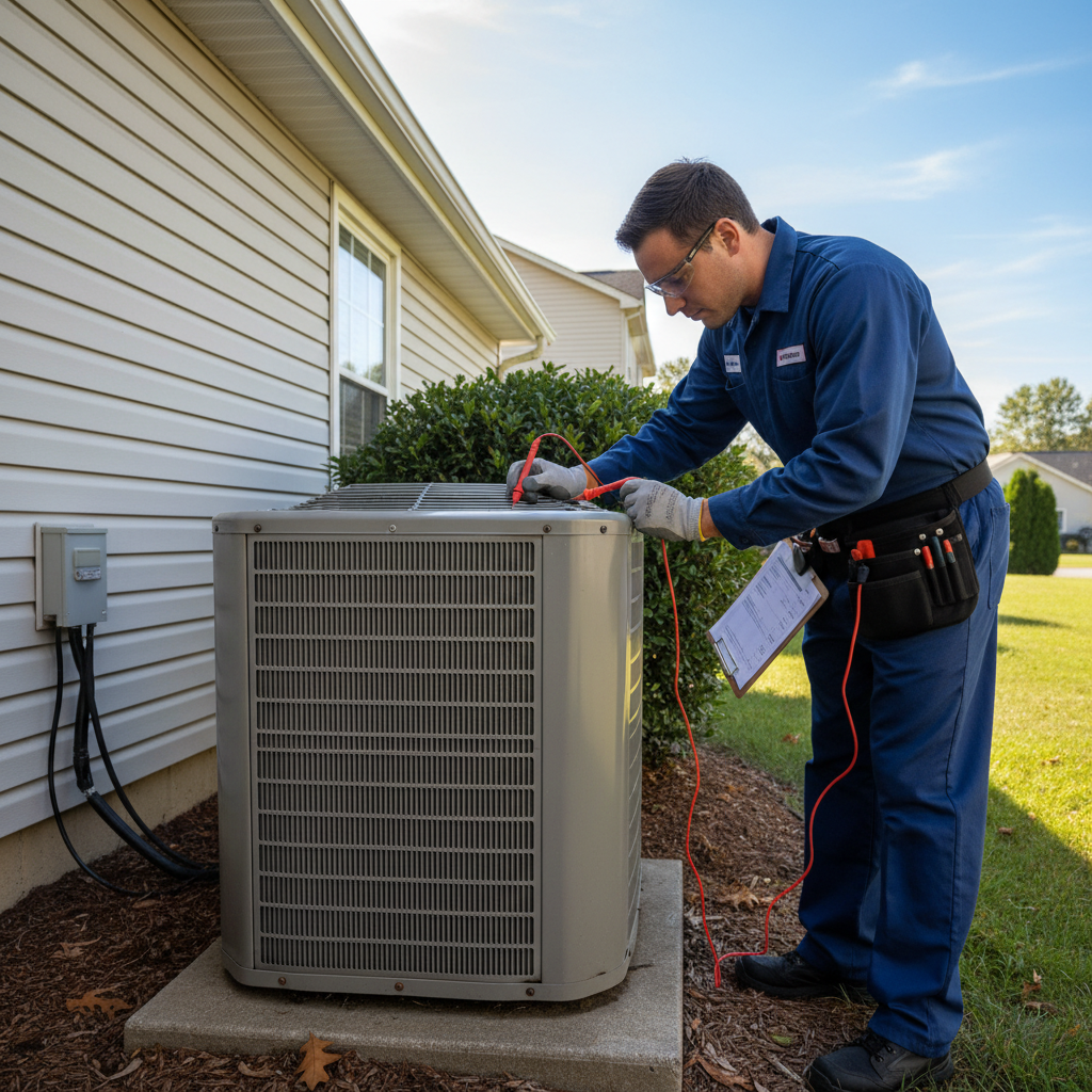 HVAC technician inspecting outdoor air conditioning unit in bright sunlight