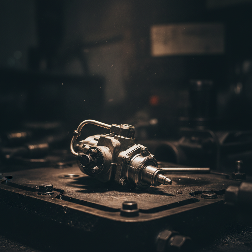 DAF XF truck engine injector component on dark mechanical surface, dim industrial lighting