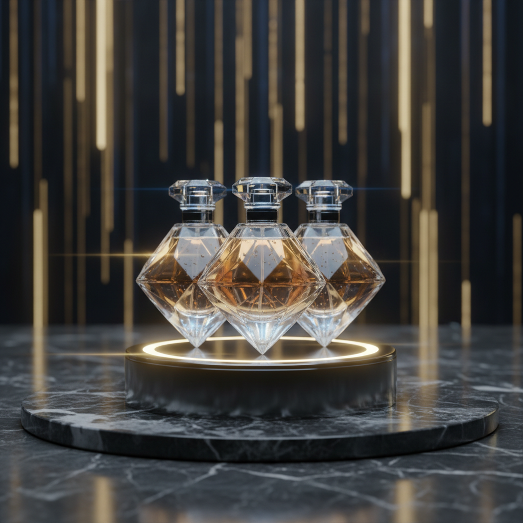 Luxury perfume bottles with crystal stoppers on marble shelf, warm ambient lighting
