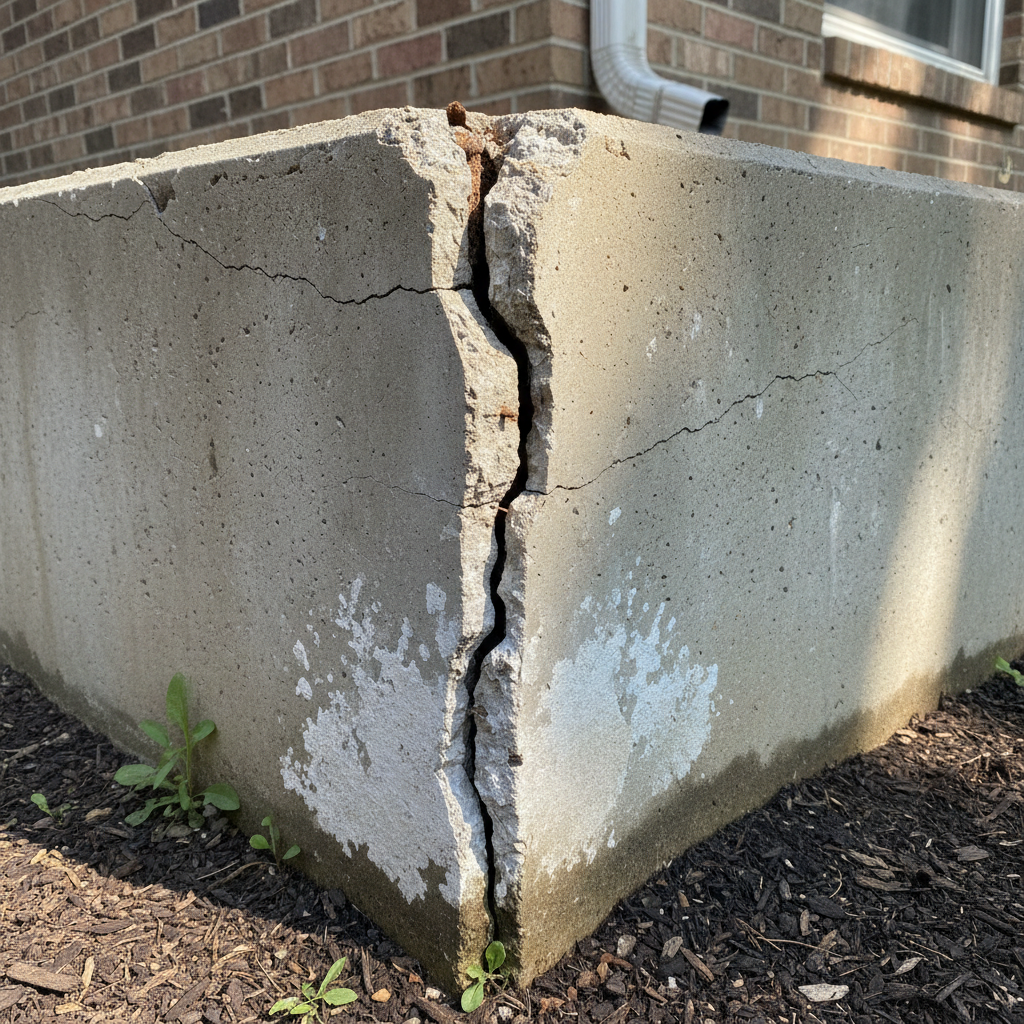 Foundation crack at corner of poured concrete foundation wall