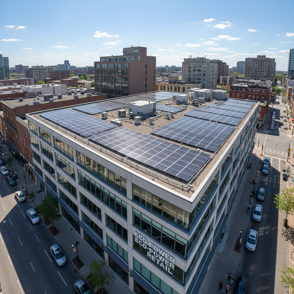 Commercial rooftop solar installation on urban retail building in Chicago, panels visible from street level