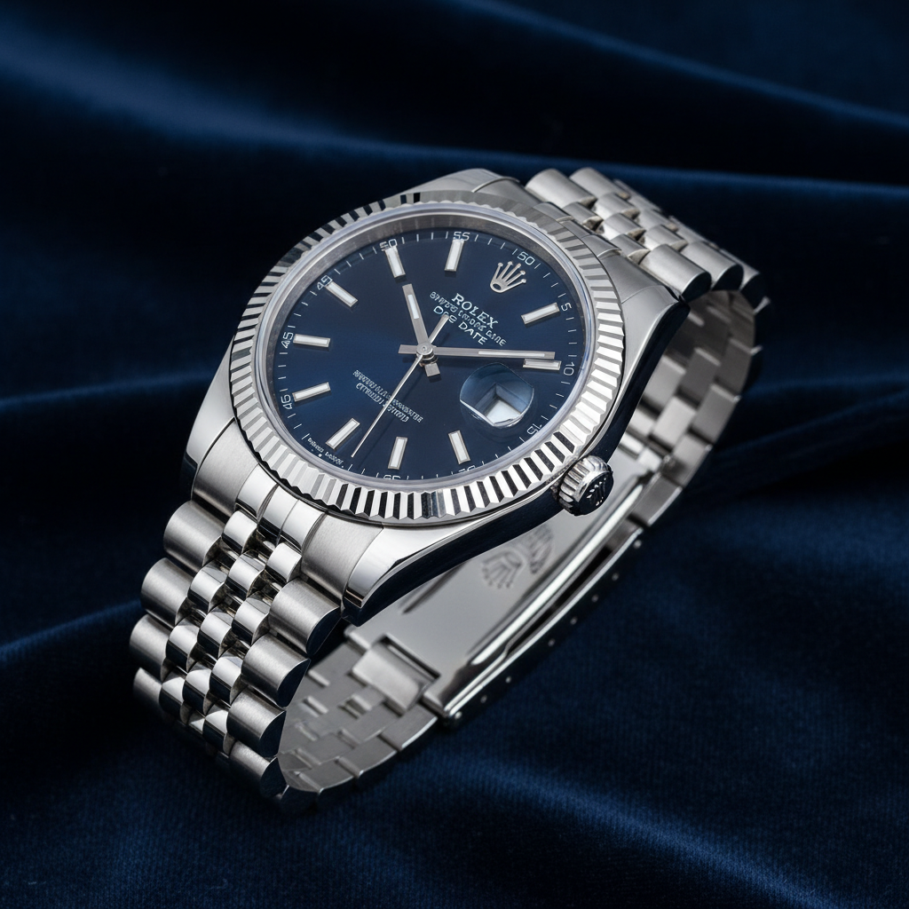 Rolex Datejust stainless steel watch with jubilee bracelet on dark velvet