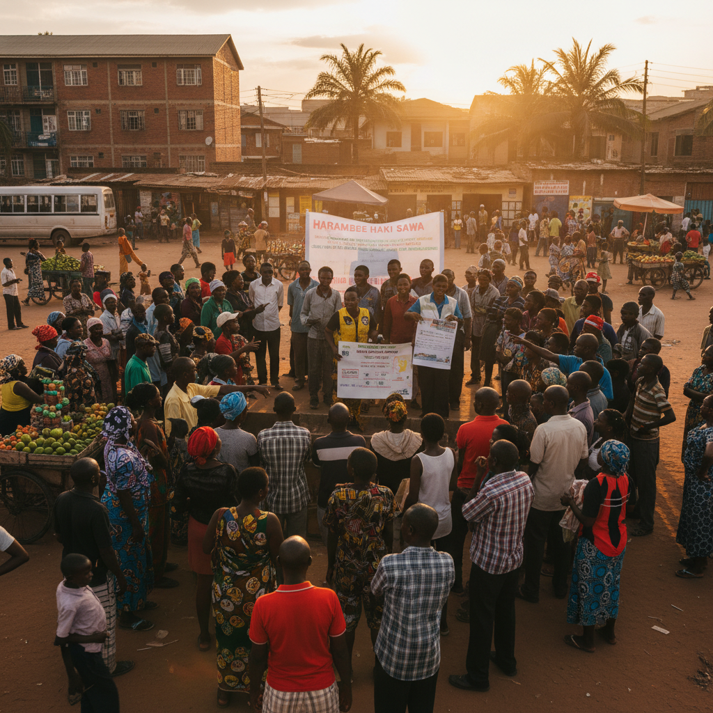 African community members gathered together in bright outdoor setting, smiling and engaged, DRC community development