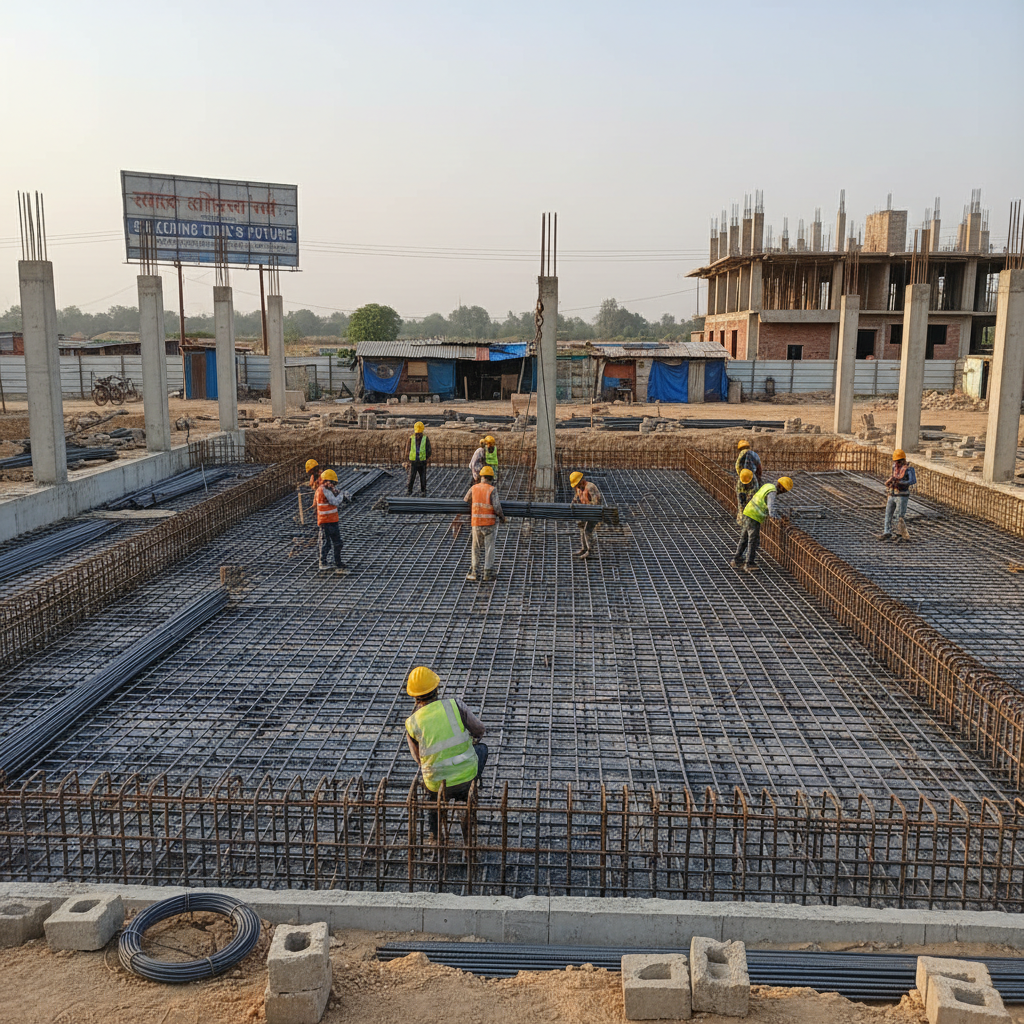 Raft foundation reinforcement at Indian construction site