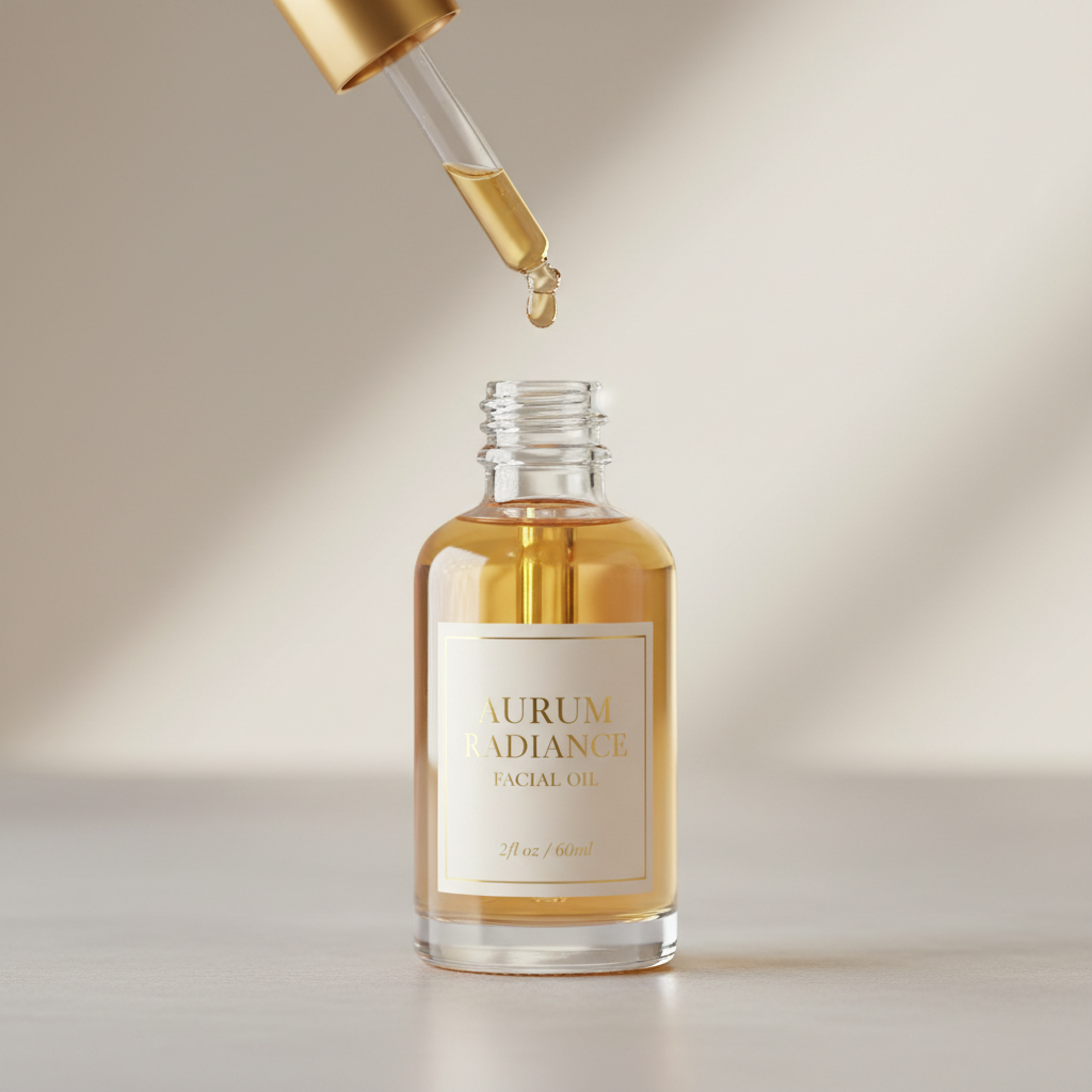 Light golden-toned facial oil in a clear glass bottle surrounded by baobab fruit and seeds