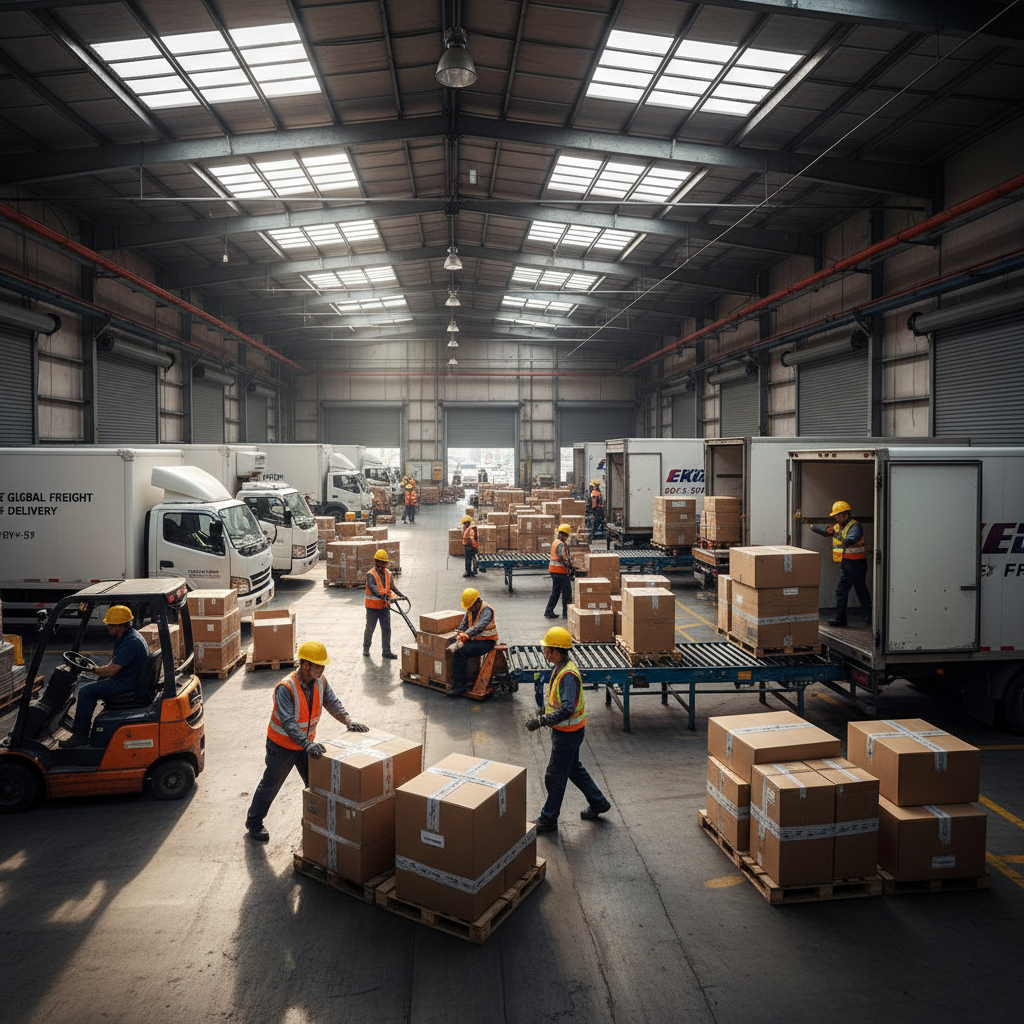 Logistics warehouse with warm overhead lighting, workers in hi-vis vests loading packages, bright industrial space, light-toned environment