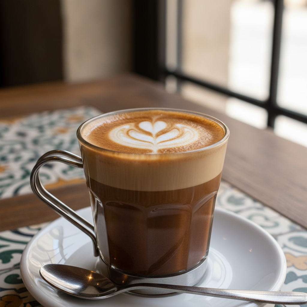 A cortado in a small glass cup with delicate latte art on a wooden café table