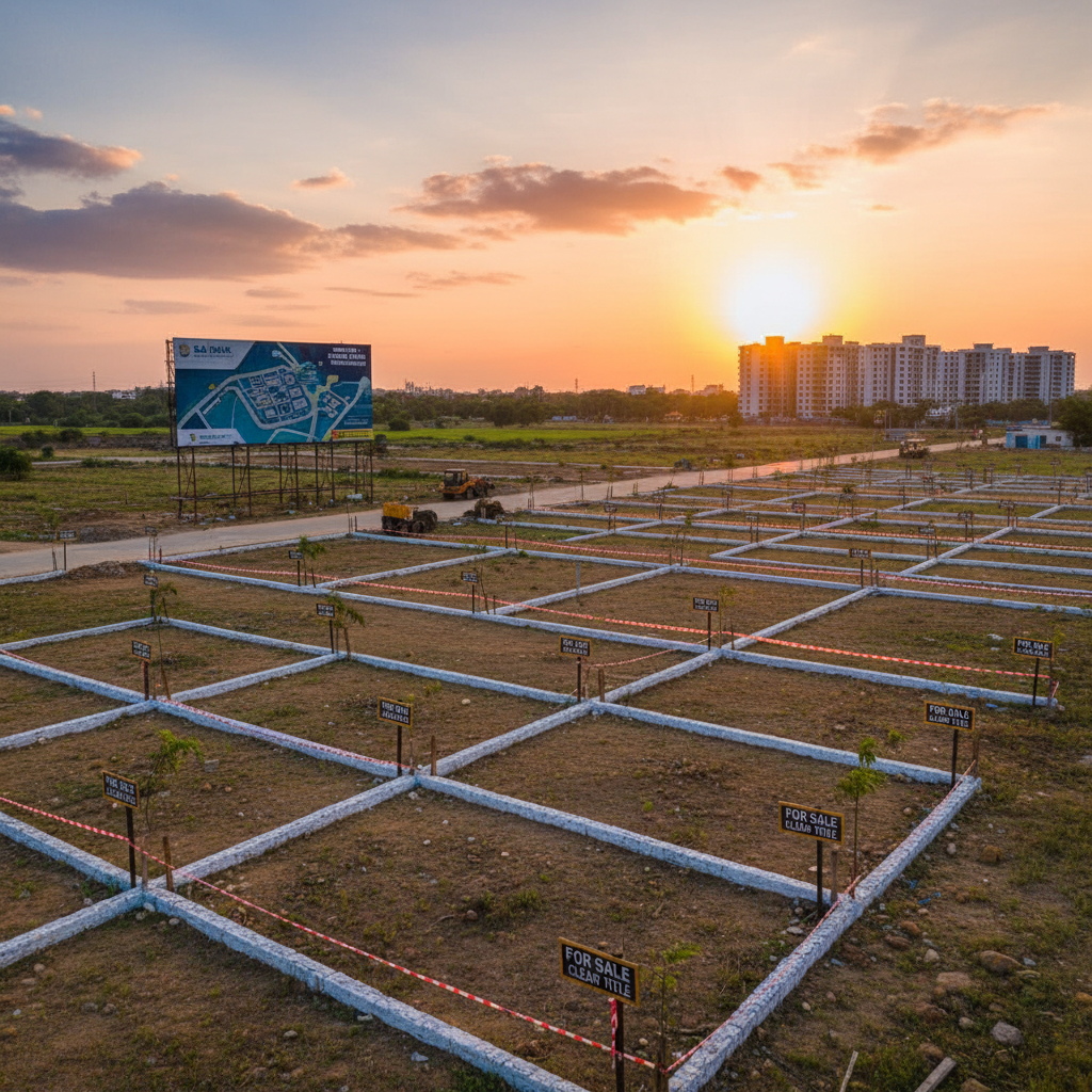 Open land plot for sale, sunny day, residential area, clear sky