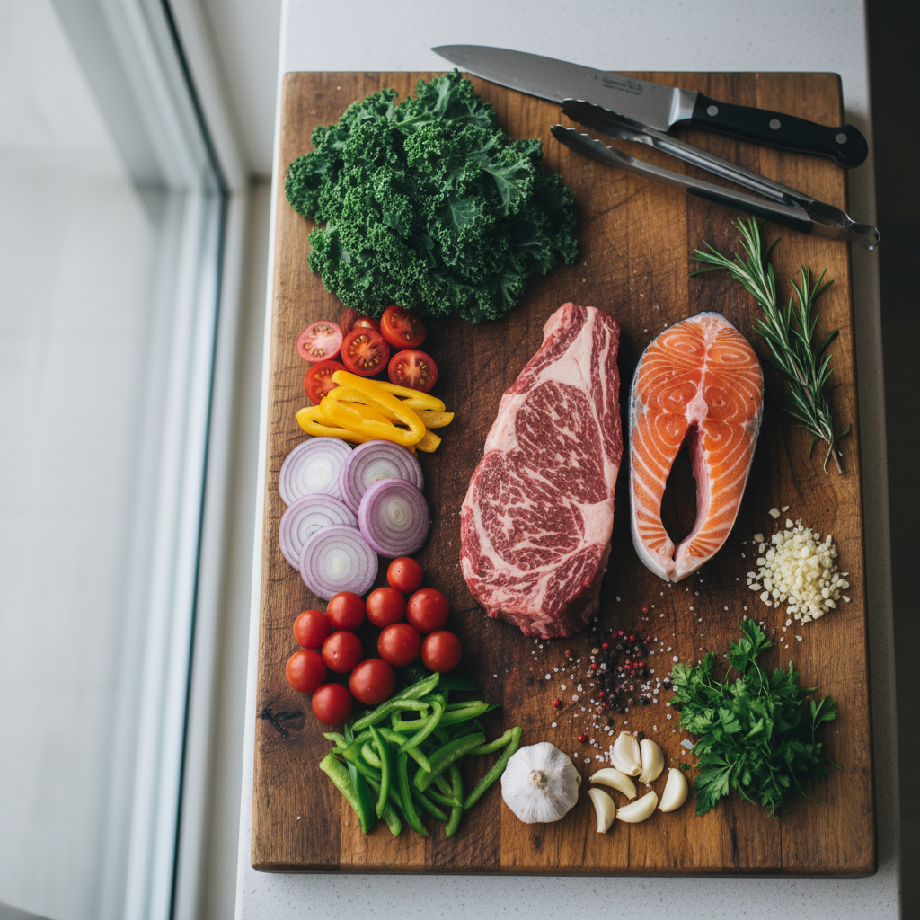 Flat lay of fresh vegetables and ingredients on bright white surface, airy natural daylight