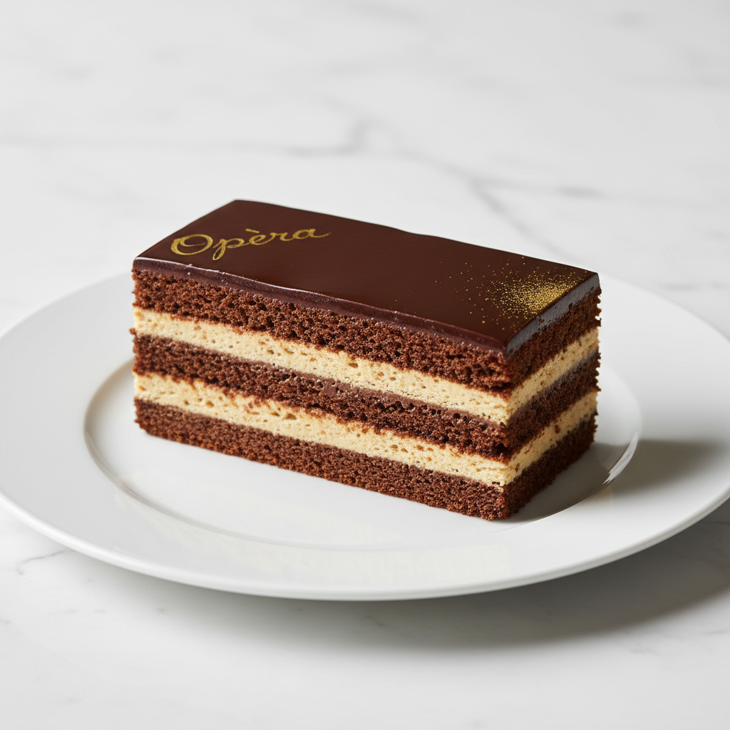 Opera cake slice with distinct layers of chocolate and coffee cream on elegant white plate