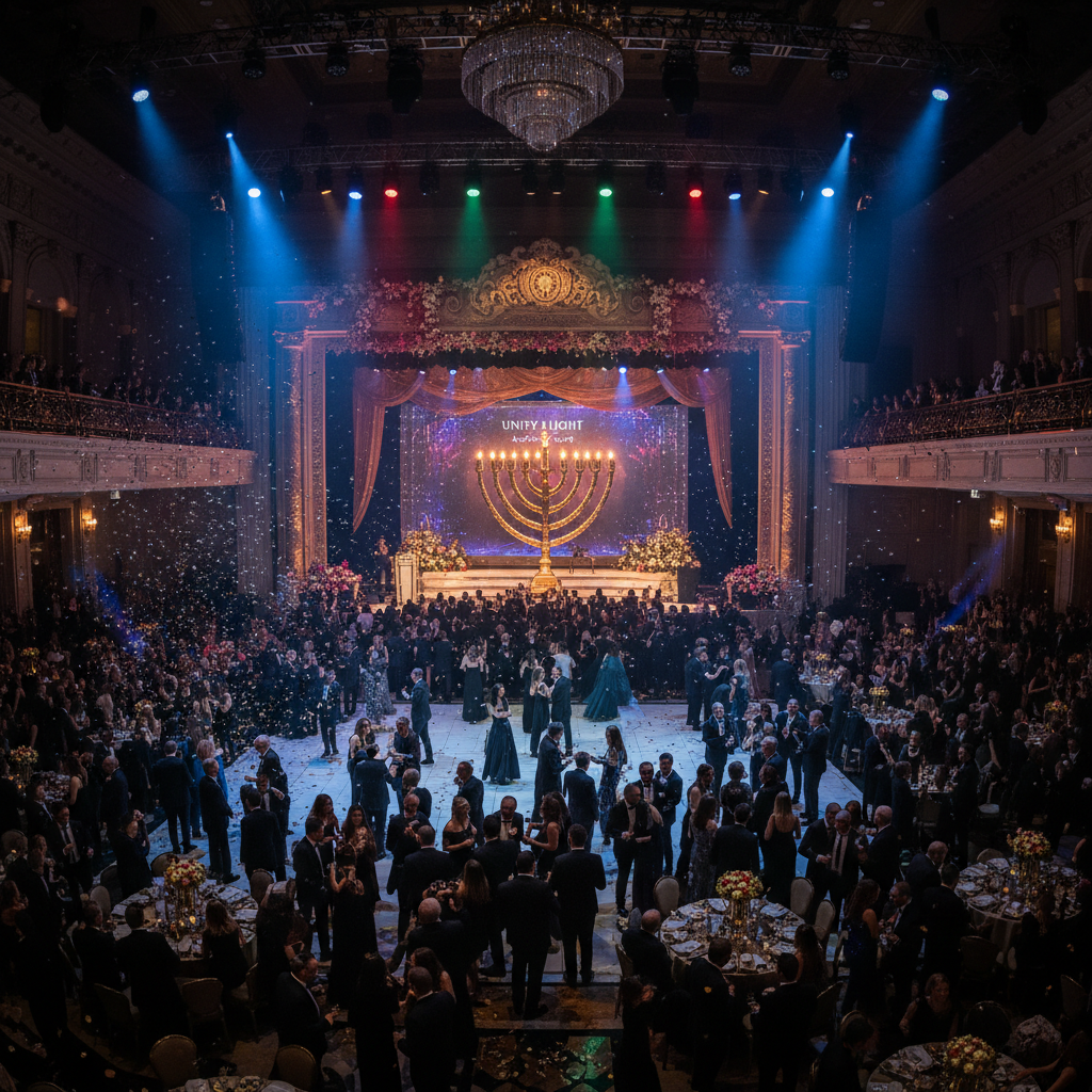 Spectacular gala event with hundreds of guests, dramatic lighting, and a grand stage with full menorah illuminated