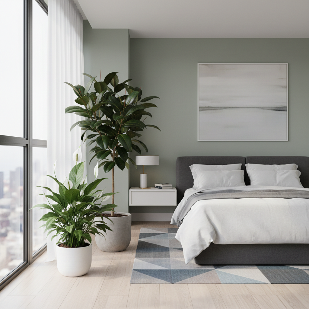 Collection of air purifying plants including peace lily and boston fern
