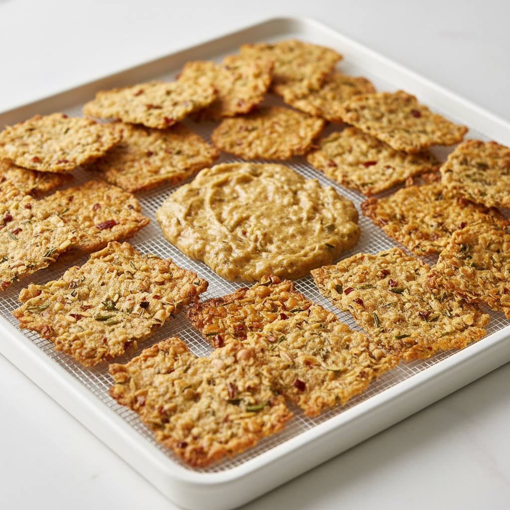 Dehydrator tray with golden flax and herb crackers at various stages of drying