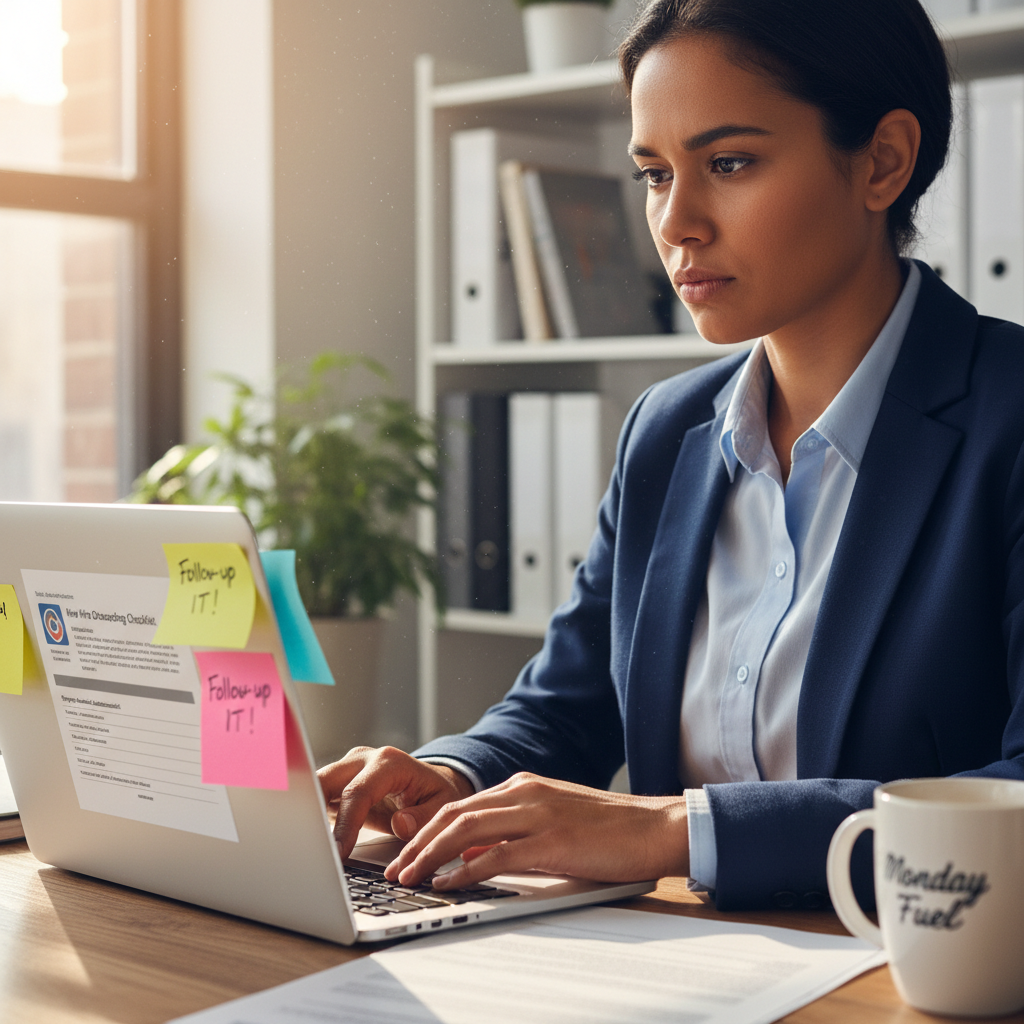 HR manager reviewing employee onboarding documents in a professional office setting