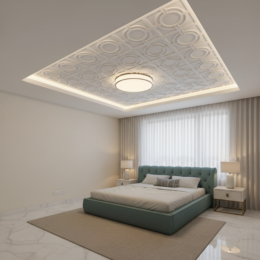 Modern ceiling design with CNC decorative pattern tiles, white finish in Indian bedroom