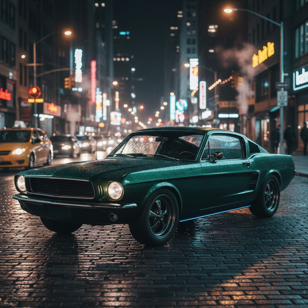 1967 Ford Mustang Fastback after electric conversion, dark green, parked in urban setting at night