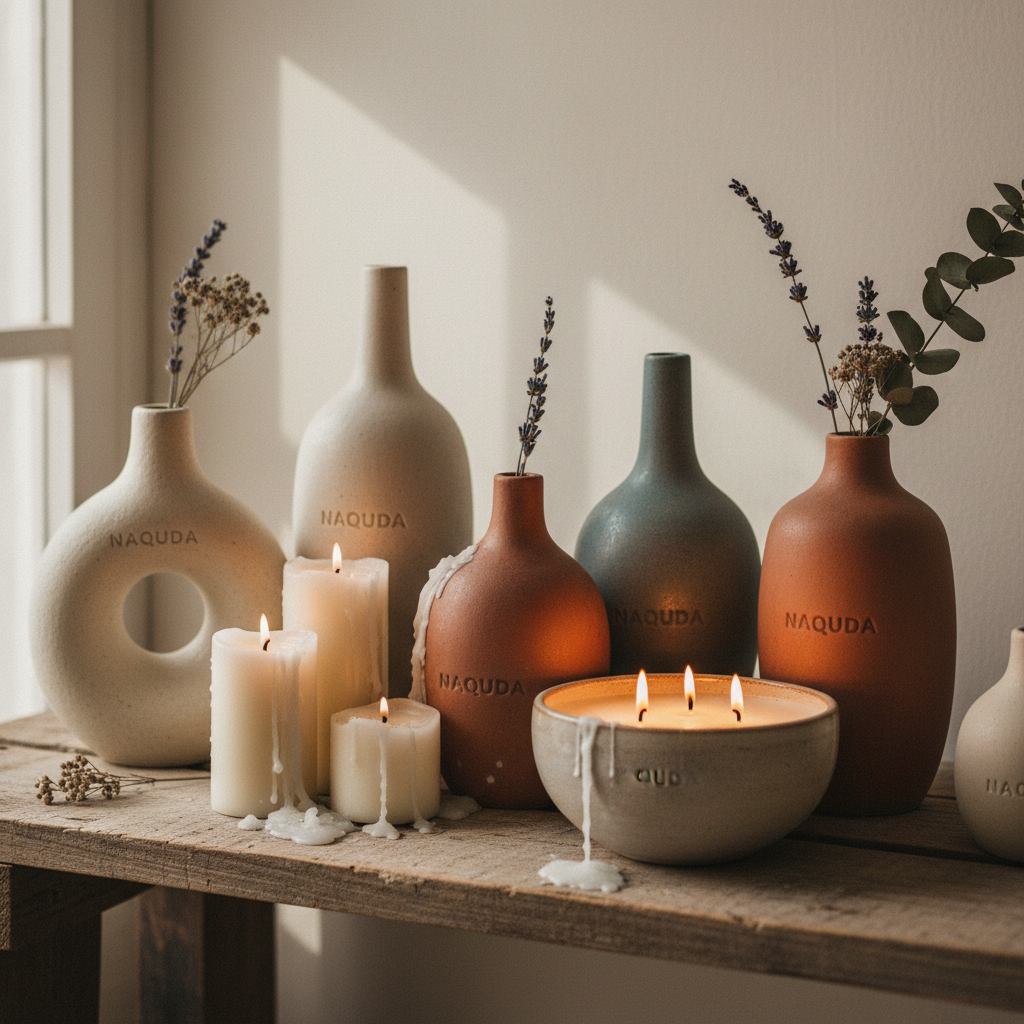Cozy home decor with ceramic vases and woven baskets on light wood shelf, warm interior
