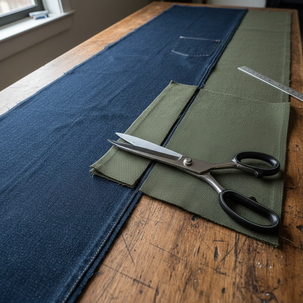 Overhead shot of raw denim and military canvas fabric spread across a wooden cutting table with steel shears mid-cut