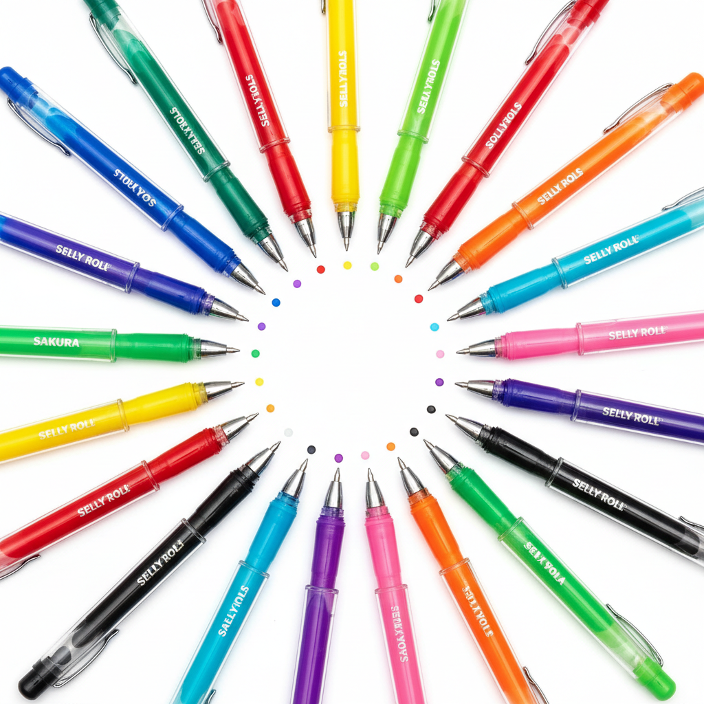 Set of Sakura brand gel pens in multiple colors fanned out