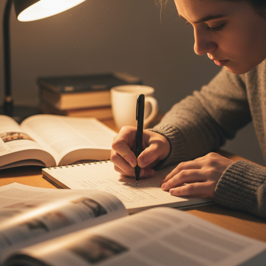 Student writing notes in exercise book under warm lamp light