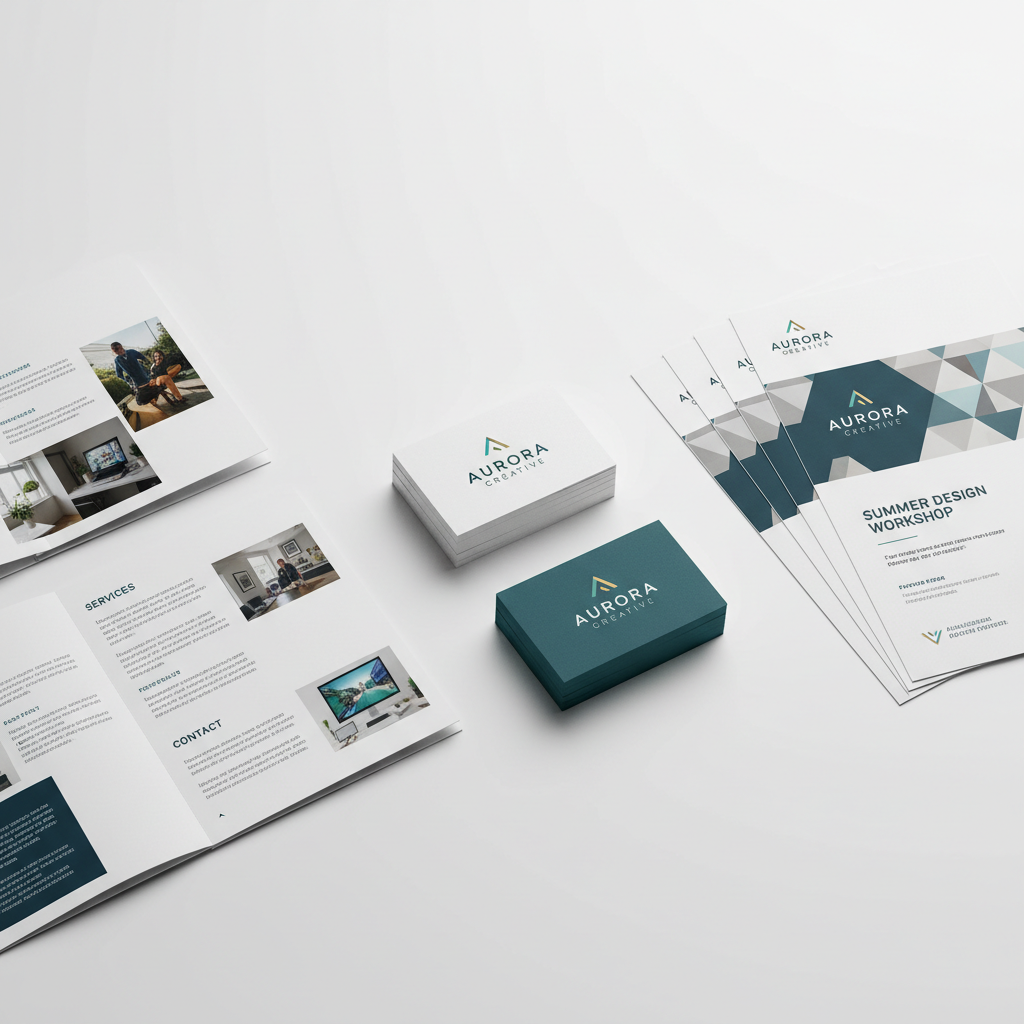 Matériaux d'impression professionnels sur fond sombre, cartes de visite et brochures en pile