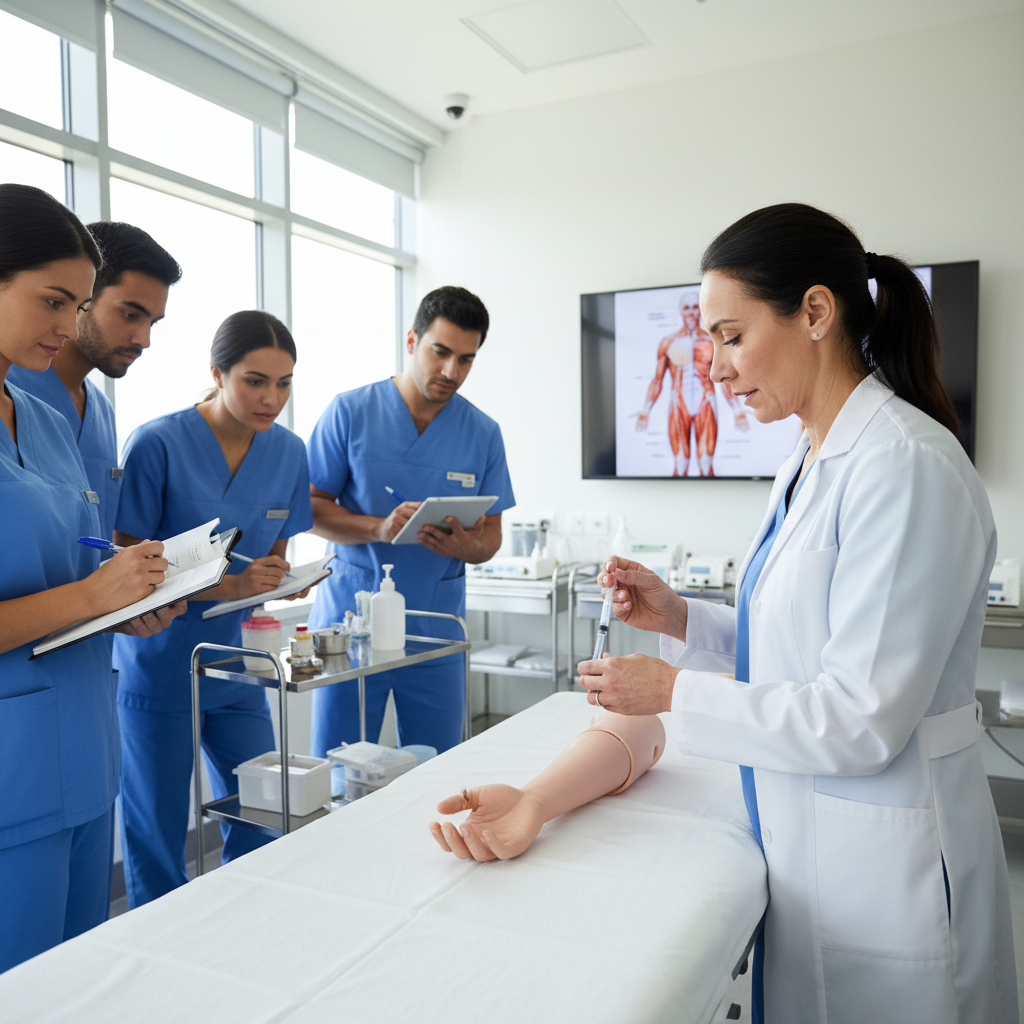 Medical workshop with Dr. Cyril demonstrating injection techniques to group of attentive practitioners