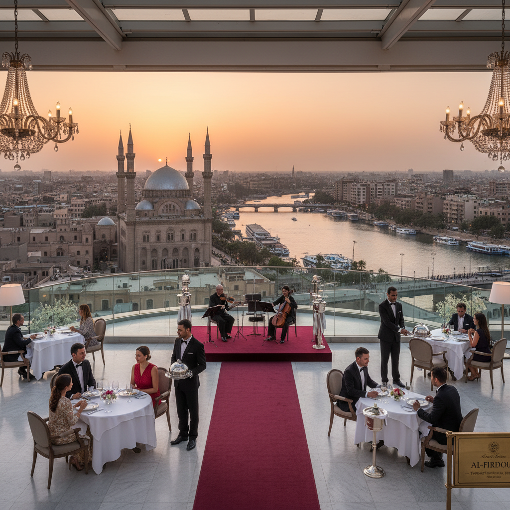 Elegant Moroccan rooftop dining setting with lanterns, tagines, and panoramic medina views at dusk