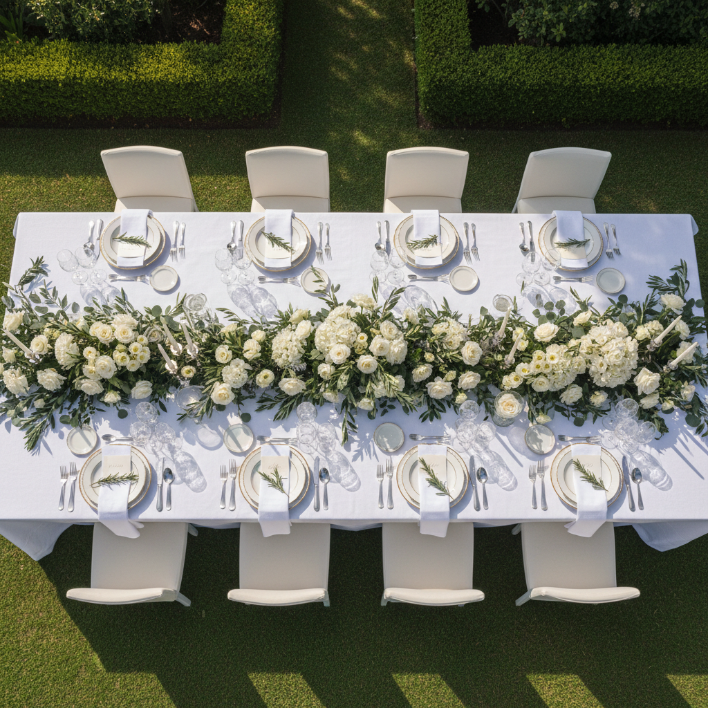 Aerial dining table composition with place settings and florals
