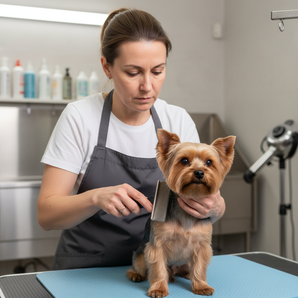 Professional dog groomer portrait smiling in studio apron