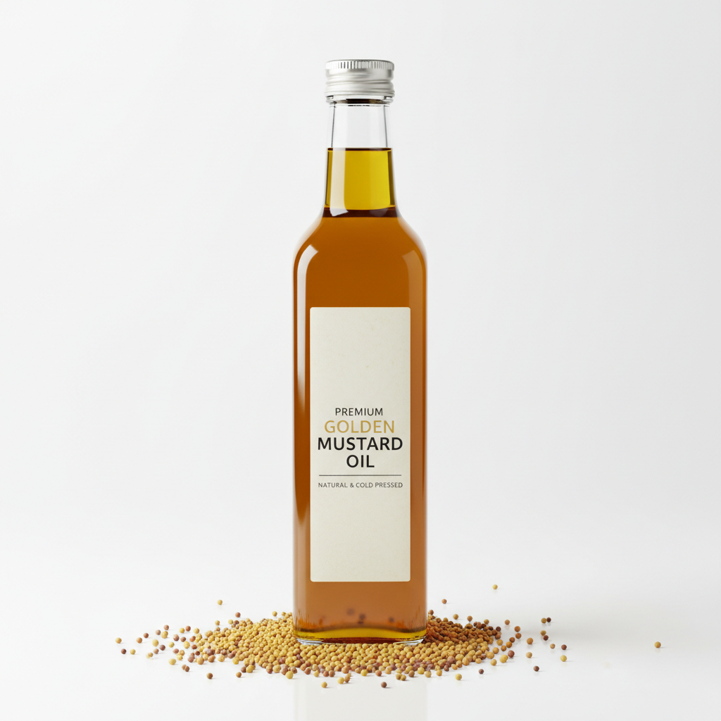 Clear golden mustard oil in a glass bottle on a bright white kitchen surface with mustard seeds around it