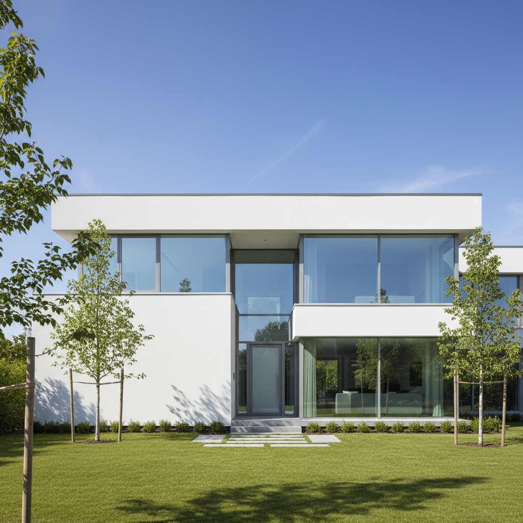 Residential house exterior showing large double-hung windows with white frames, brick facade, bright natural light