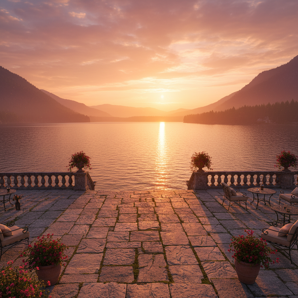 Stone terrace of Shoreline estate with panoramic view of Lake Meridian at golden hour