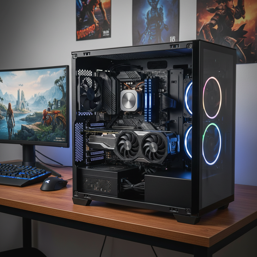 Gaming monitor with 144Hz refresh rate displaying colorful game scene on dark desk