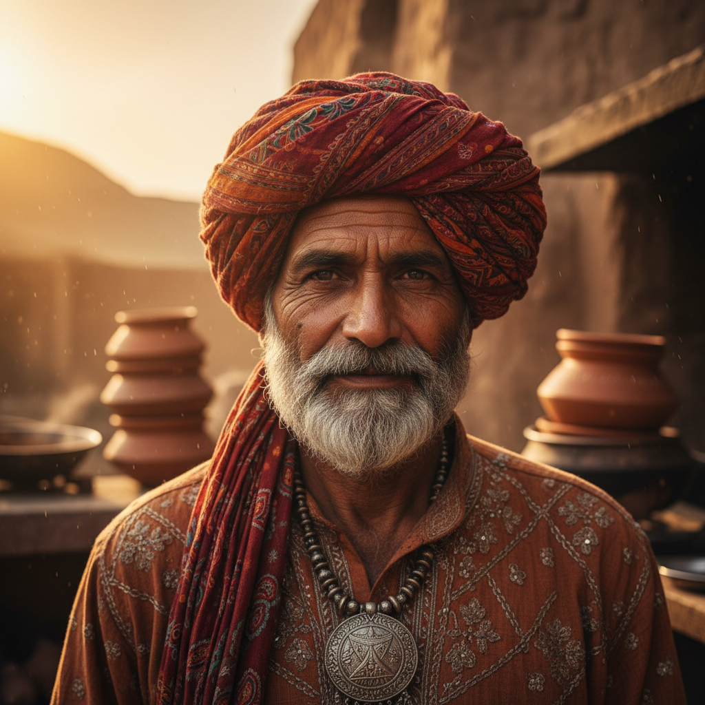 Portrait of Govind Singh Rathore, Rajasthani cook, strong features, desert kitchen with clay vessels