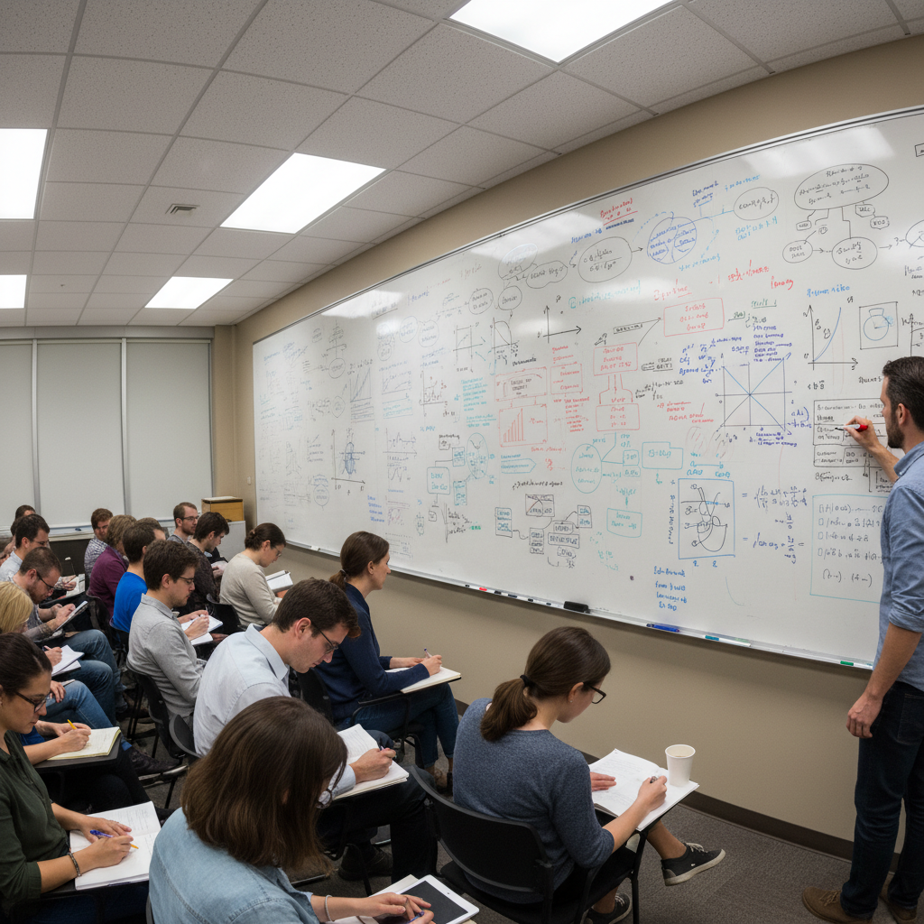 Researcher at whiteboard with complex diagrams, low-key industrial lighting, deep shadows, focused atmosphere