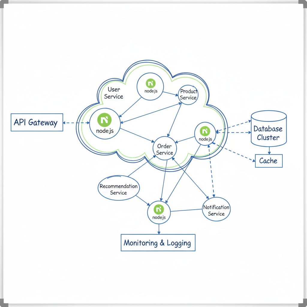 Diagrama de arquitectura de microservicios con múltiples nodos y conexiones gRPC