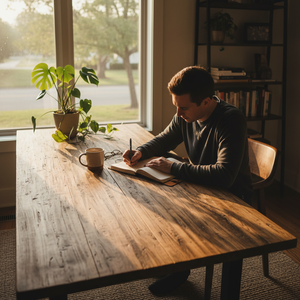 Person writing in notebook at bright airy desk with coffee and plants, natural morning light, clean white walls