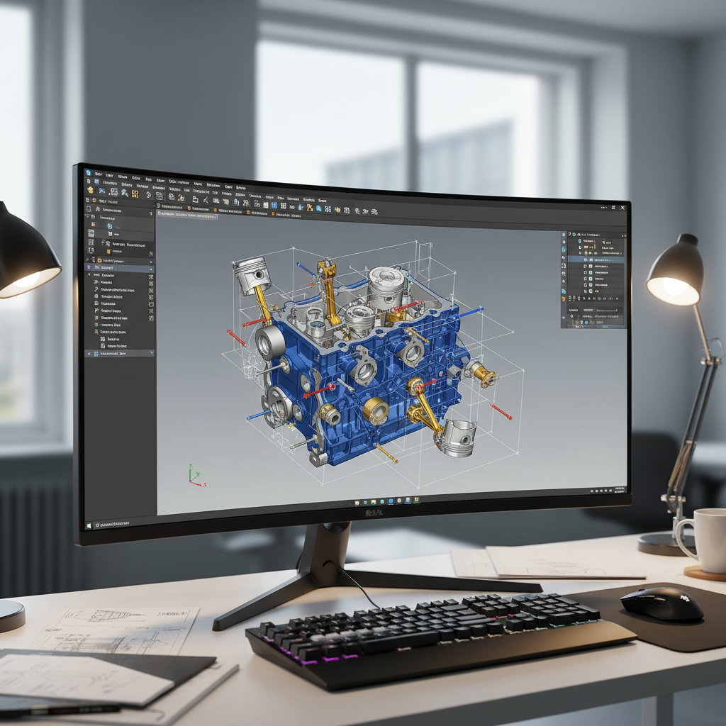 Autodesk Inventor software interface showing mechanical assembly design, dim professional office environment