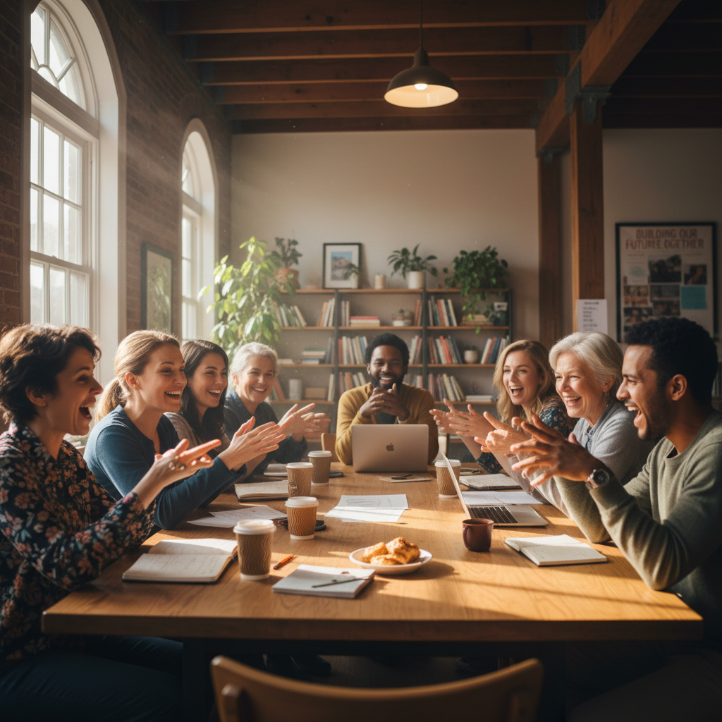 African community members gathered around a table in discussion, warm interior lighting, wooden furniture, expressions of engagement and hope