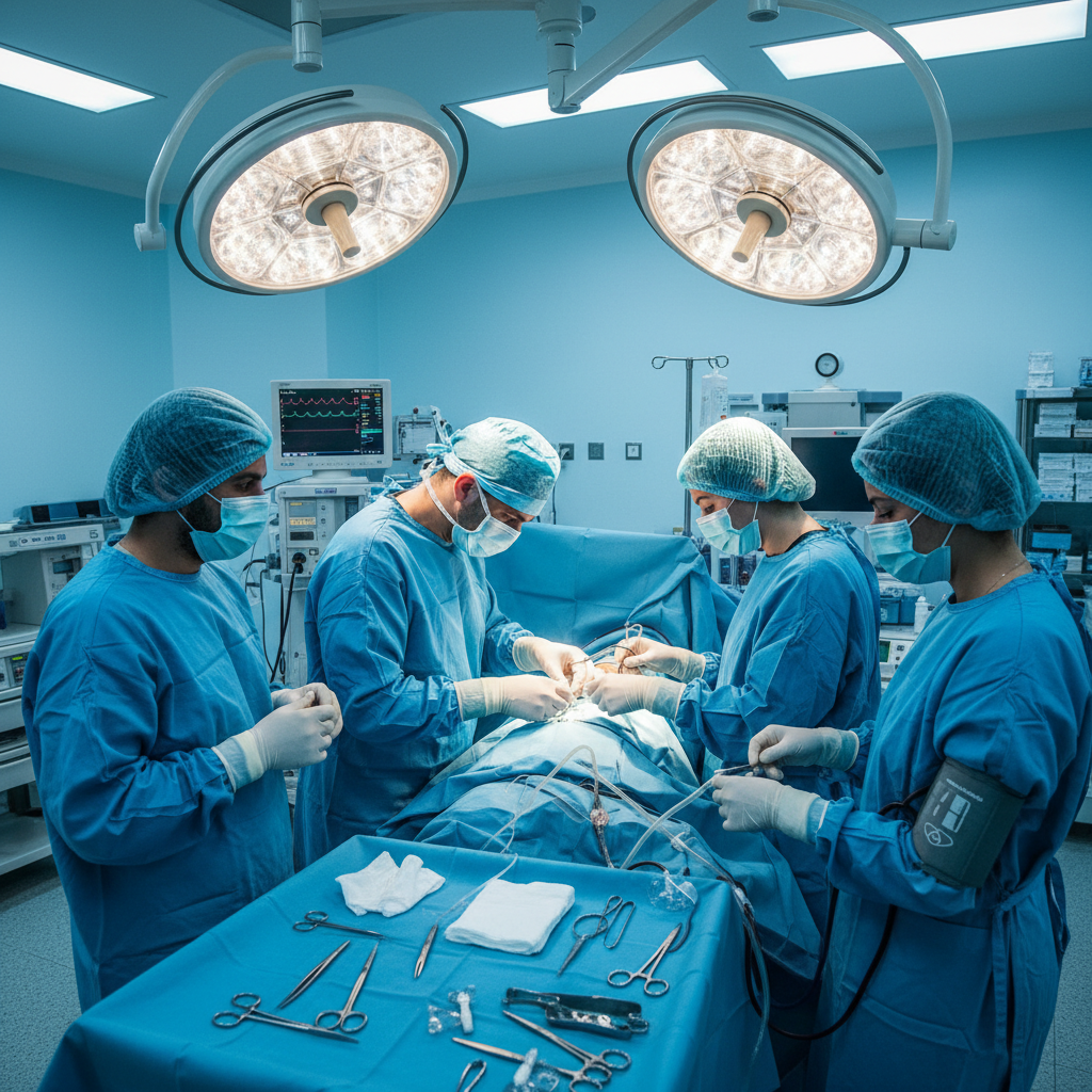 Surgical team in operating room with focused lighting against dark background and professional medical equipment