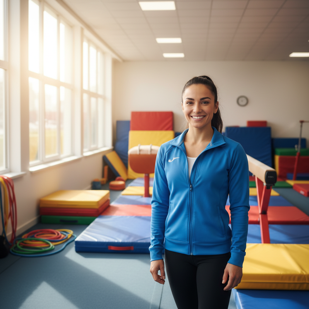 Female gymnastics coach Dana Reeves with a warm welcoming smile in an adaptive gym
