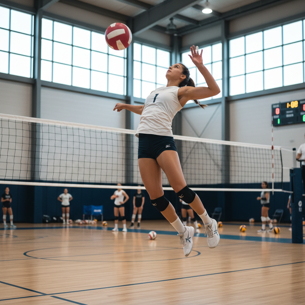 Volleyball player mid-jump executing a powerful spike during elite camp training session