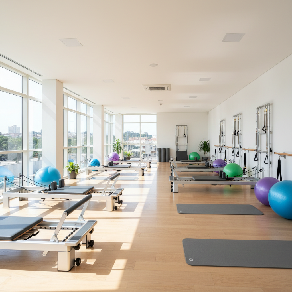 Small group mat Pilates class in a bright airy studio with wooden floors, participants in athletic wear