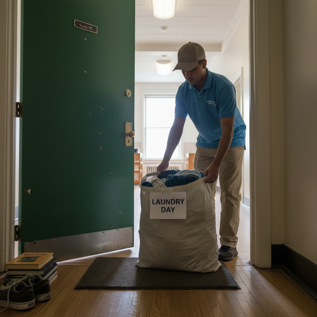 Delivery person dropping off a laundry bag at a dorm door