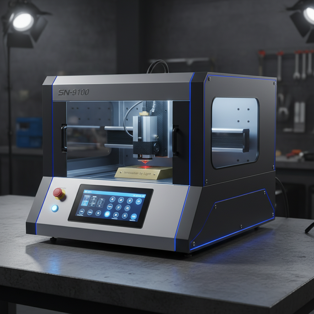 Dark workshop atmosphere, laser engraving machine with glowing amber light on metal surface, deep shadows