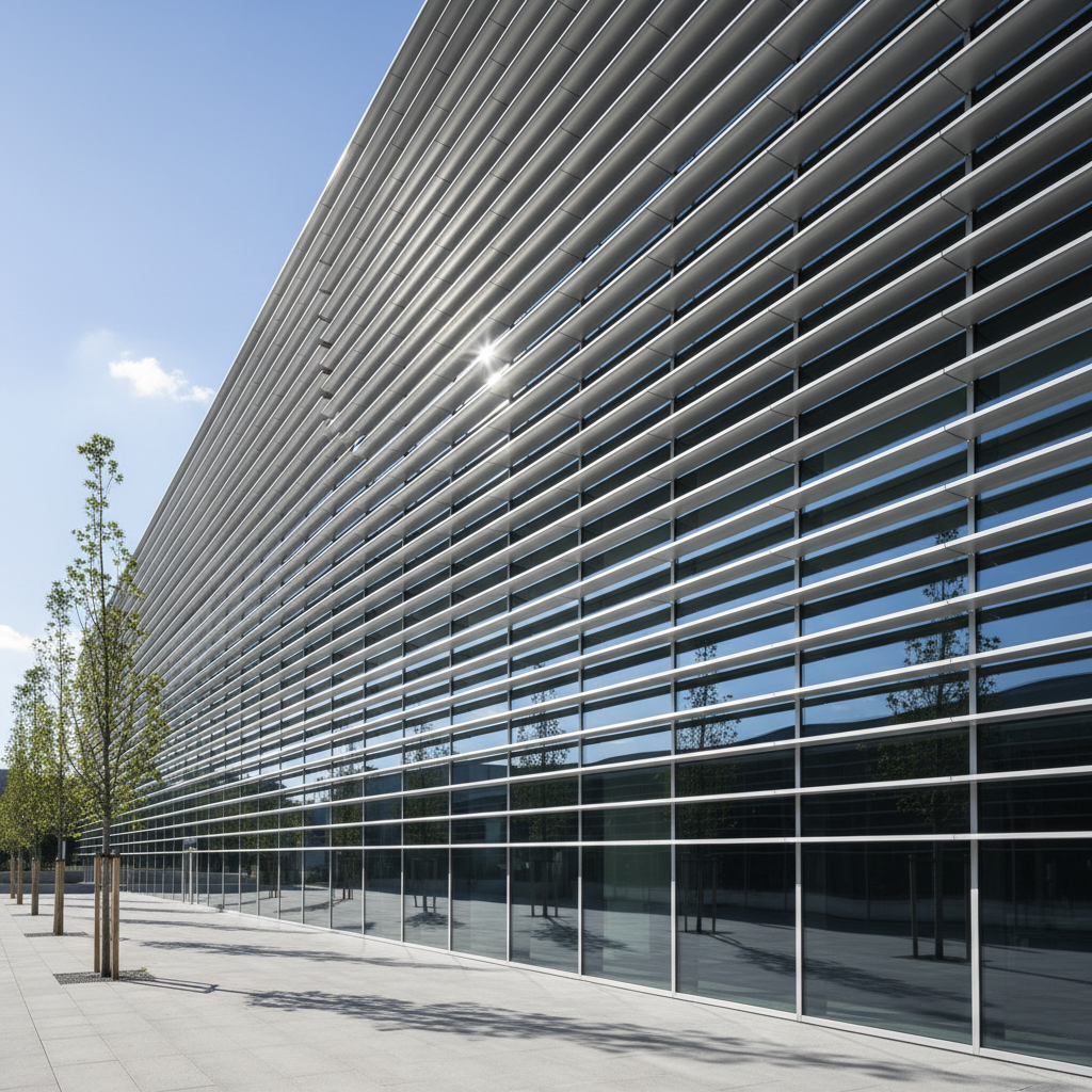 Architectural aluminum louvre screens on wine estate building exterior, casting dramatic linear shadows, warm golden hour light