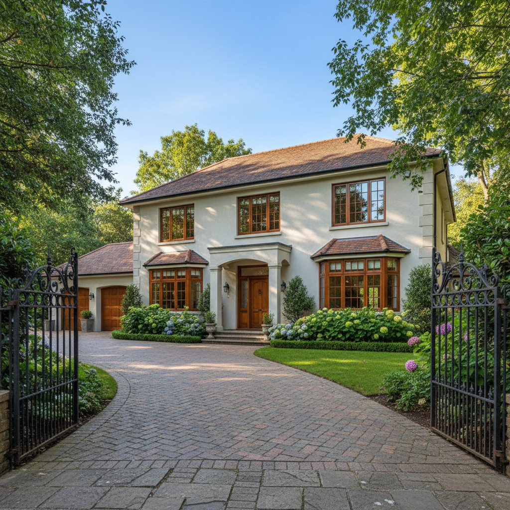 Residential home with paved driveway and landscaped compound
