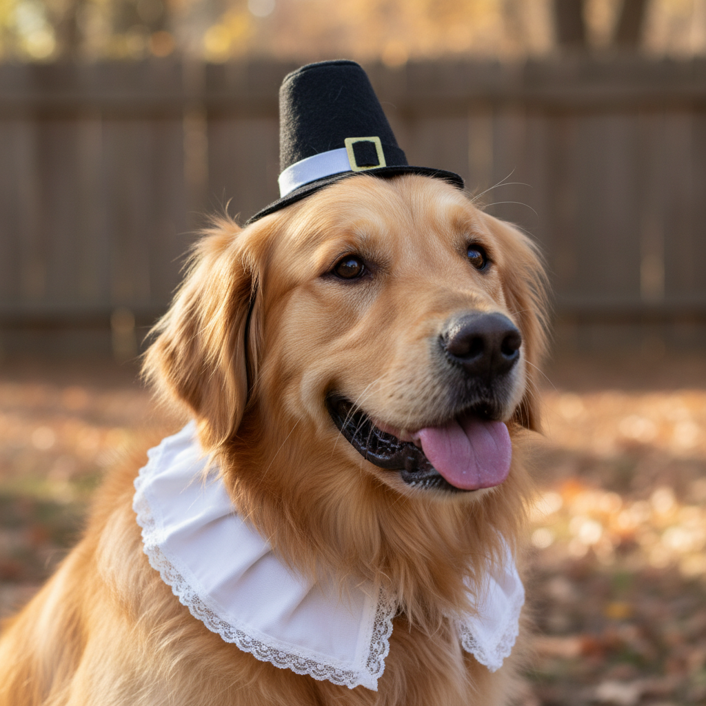Golden retriever wearing adorable pilgrim collar and mini hat