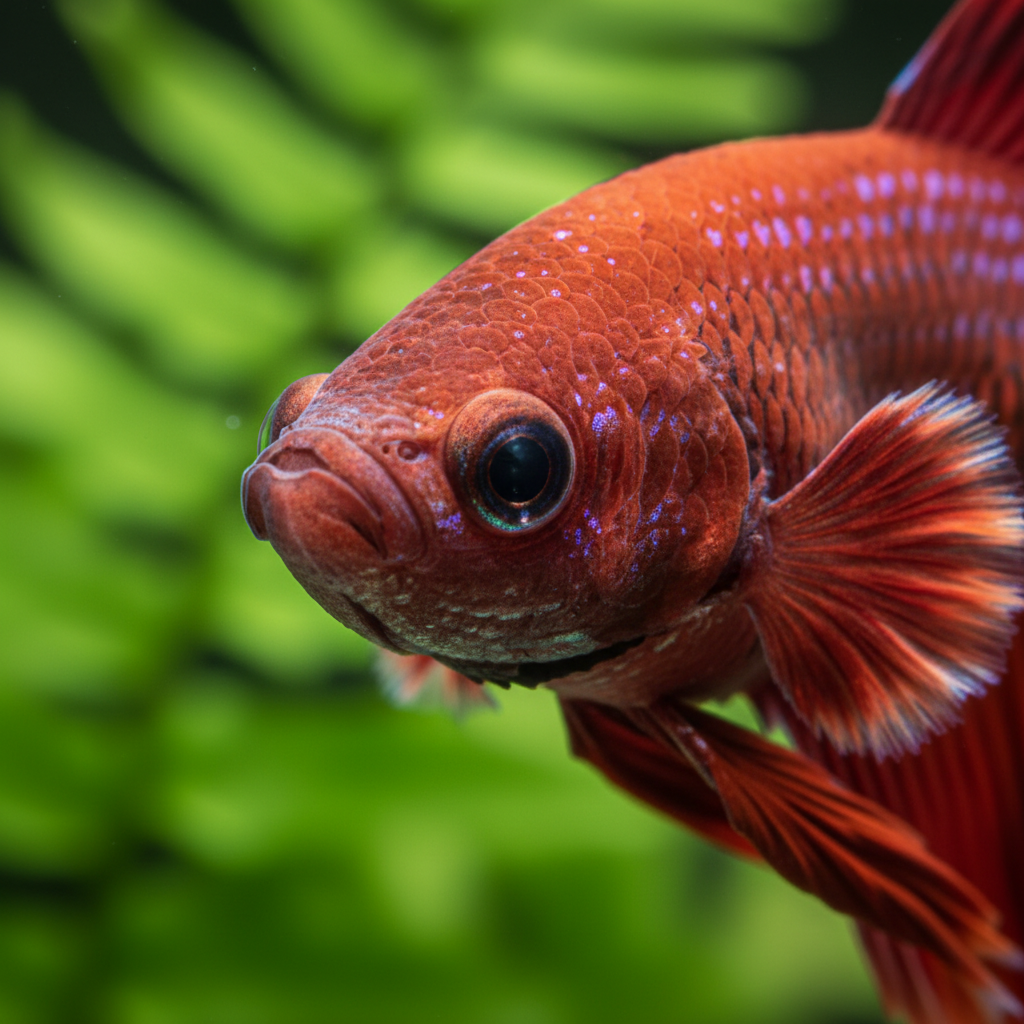 Extreme macro close-up of a vivid red betta fish face with one dark eye staring directly at camera, iridescent scales visible in detail, soft bokeh of java fern behind