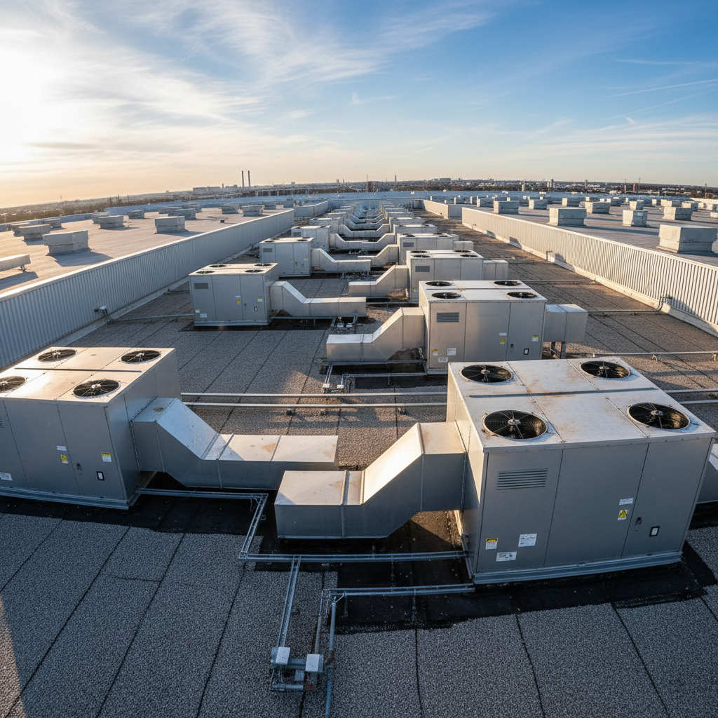 Rooftop HVAC units on a large commercial distribution center building under bright sunlight